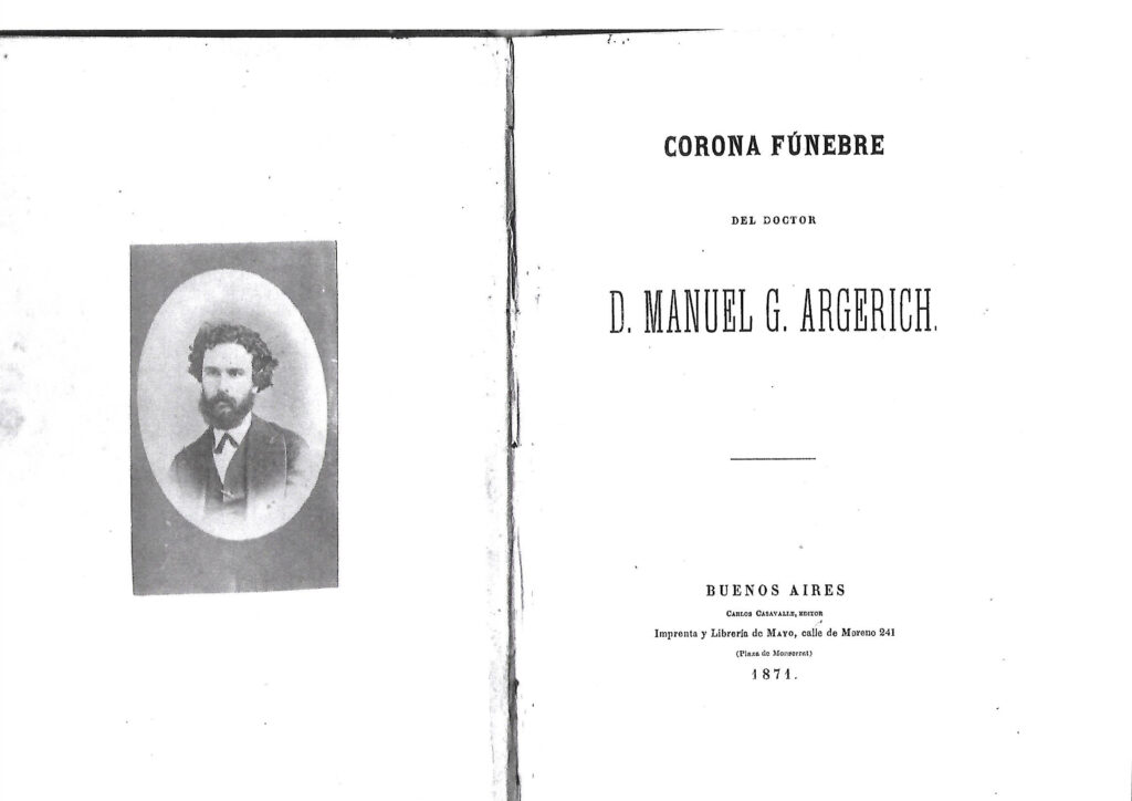 Retrato y portada del libro Corona Fúnebre del Doctor D. Manuel G. Argerich